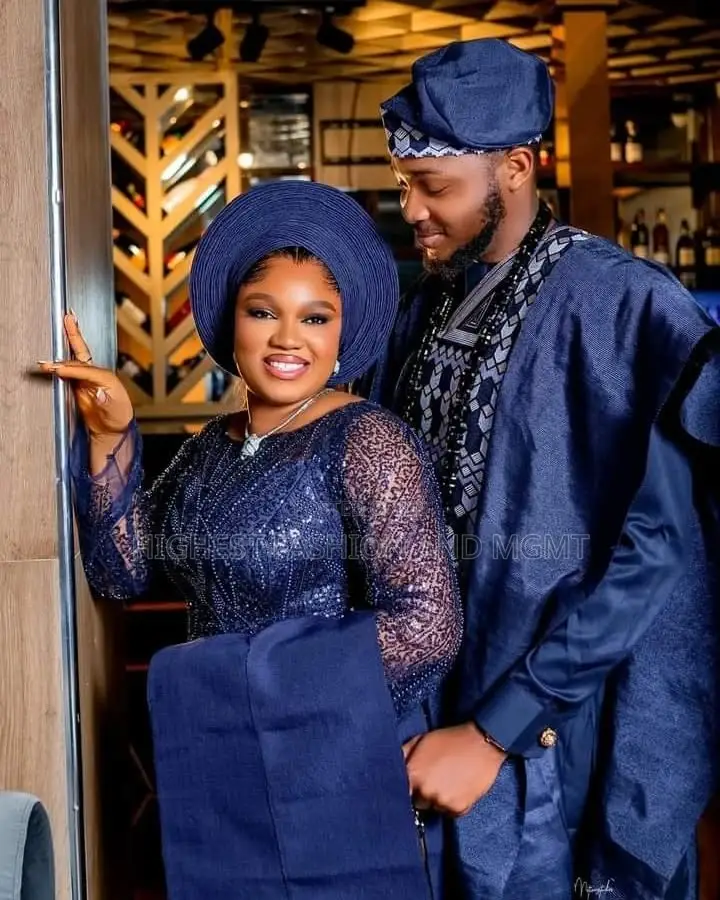 Navy-Blue Embroidered Bridal Gown Matching Agbada Set