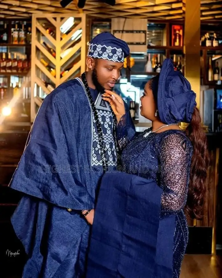 Navy-Blue Embroidered Bridal Gown Matching Agbada Set