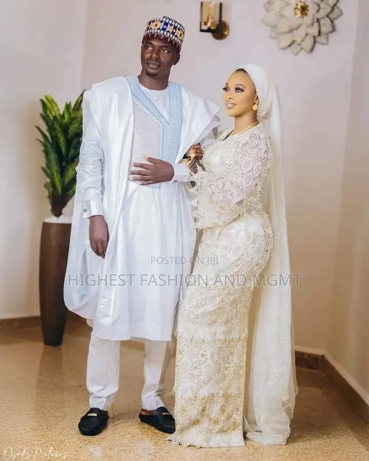 White Lace Bridal Gown Matching Men’S Traditional Set