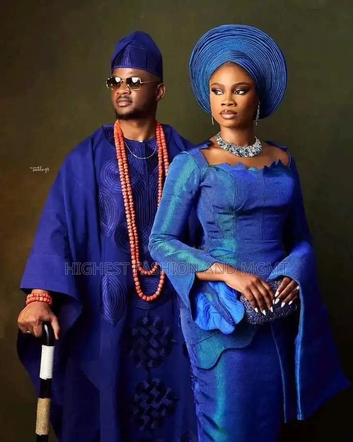 Royal Blue Bridal Ensemble Matching Men’S Agbada