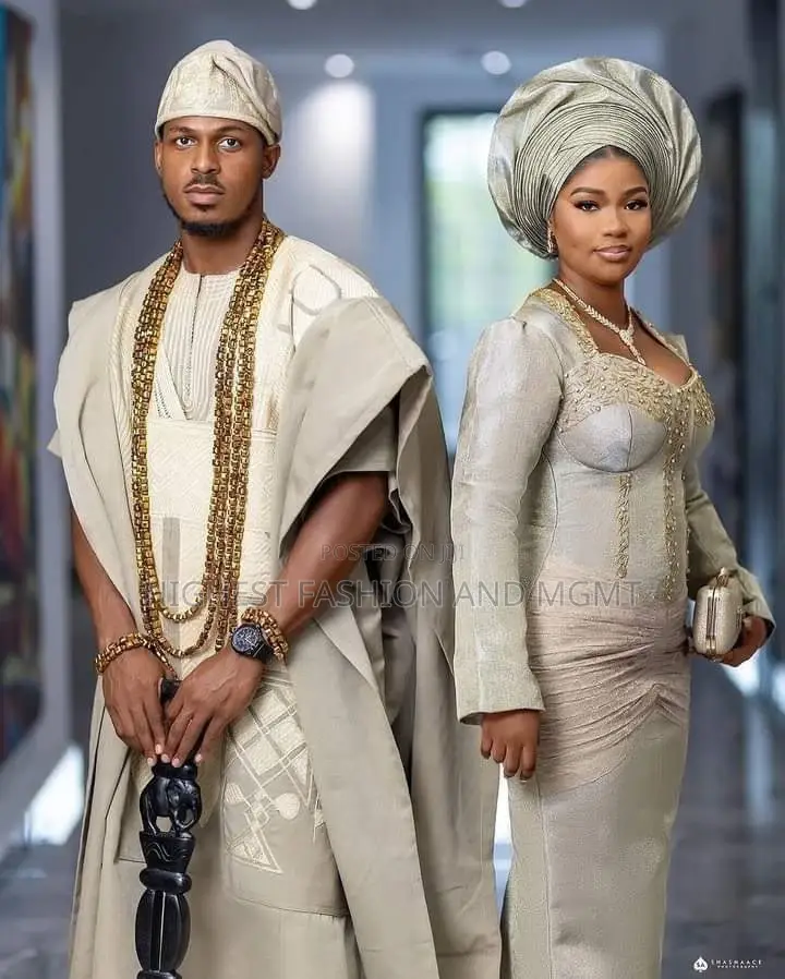 Champagne-Gold Structured Bridal Gown Matching Men’S Agbada