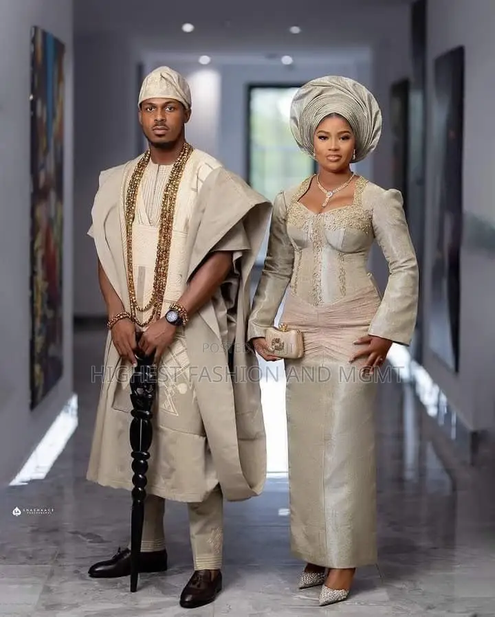 Champagne-Gold Structured Bridal Gown Matching Men’S Agbada