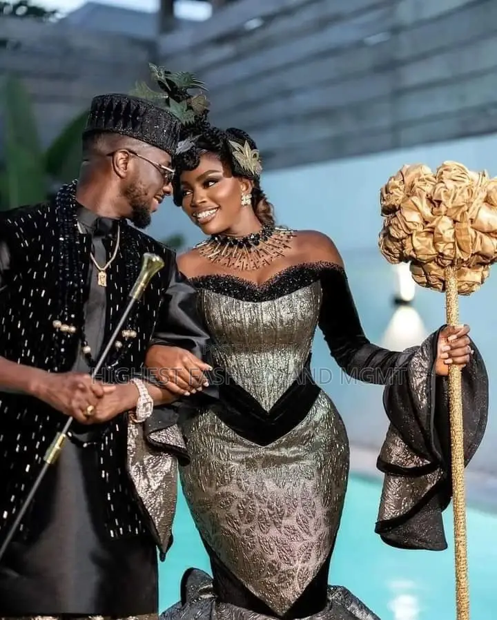Black Velvet Gold Statement Bridal Gown and Men's Ensemble