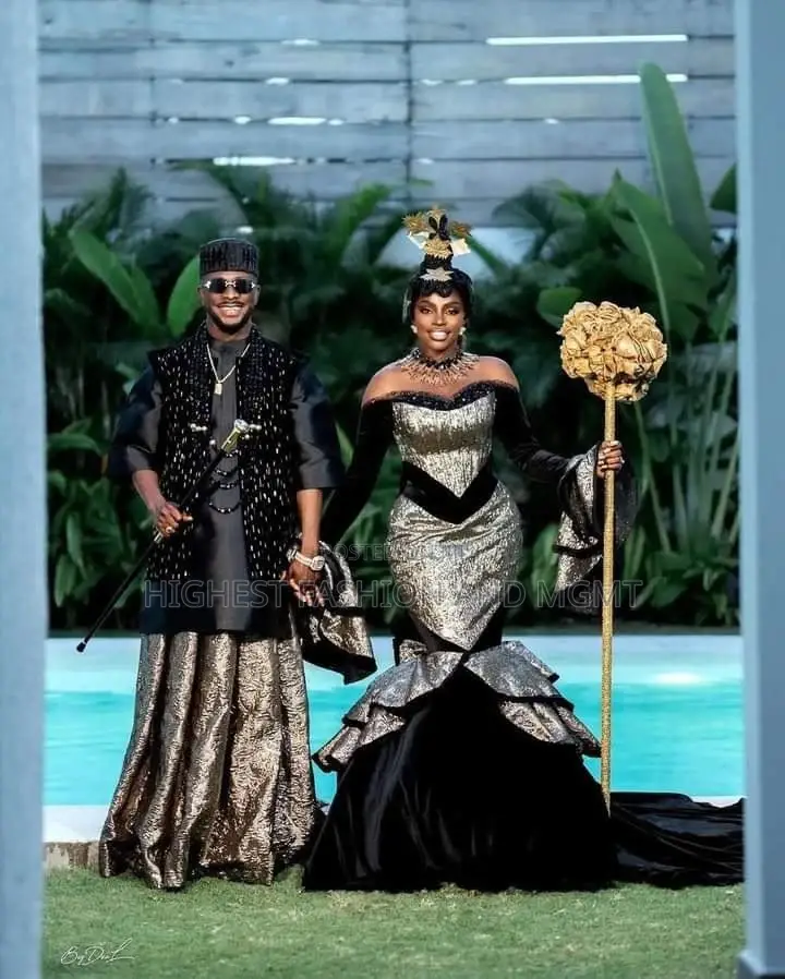 Black Velvet Gold Statement Bridal Gown and Men's Ensemble
