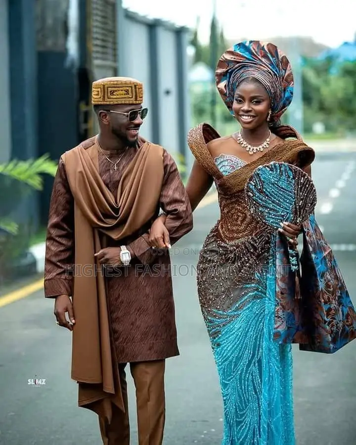 Brown-to-Turquoise Gradient Bridal Gown Matching Men’S Brown Set