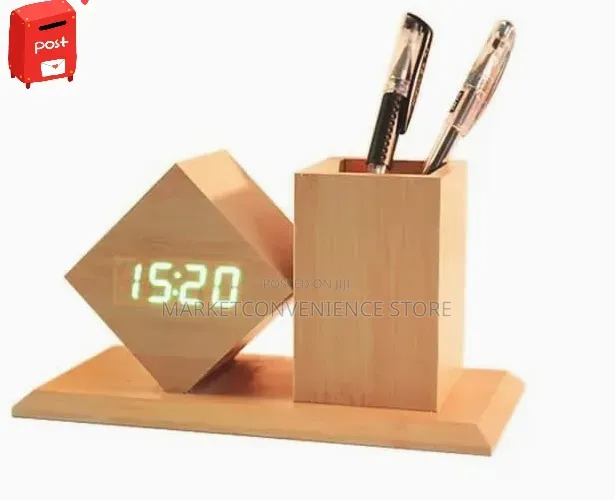 Wooden Digital Alarm Clock and Pen Holder