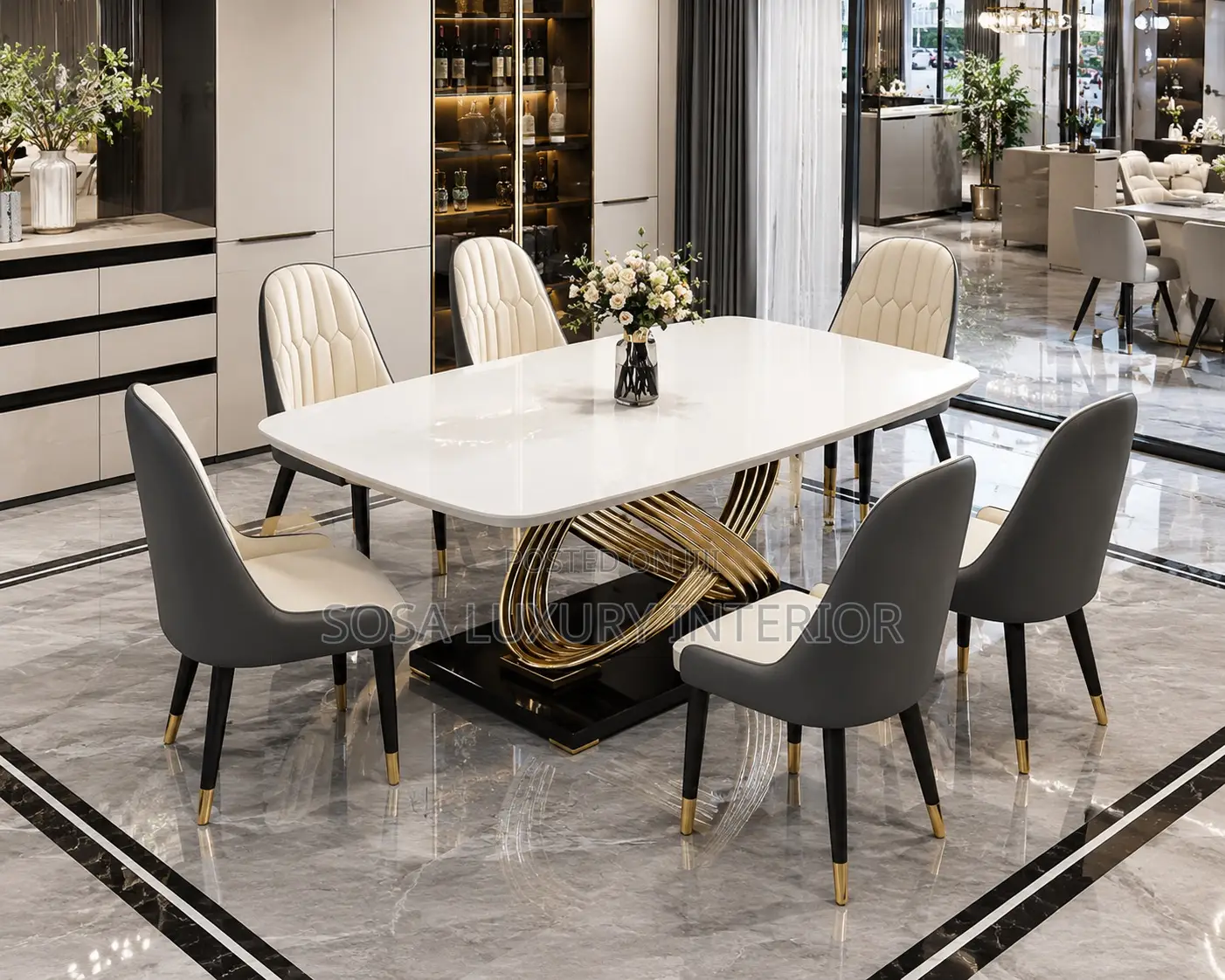 Modern Marble Dining Set With Gold Sculpted Base