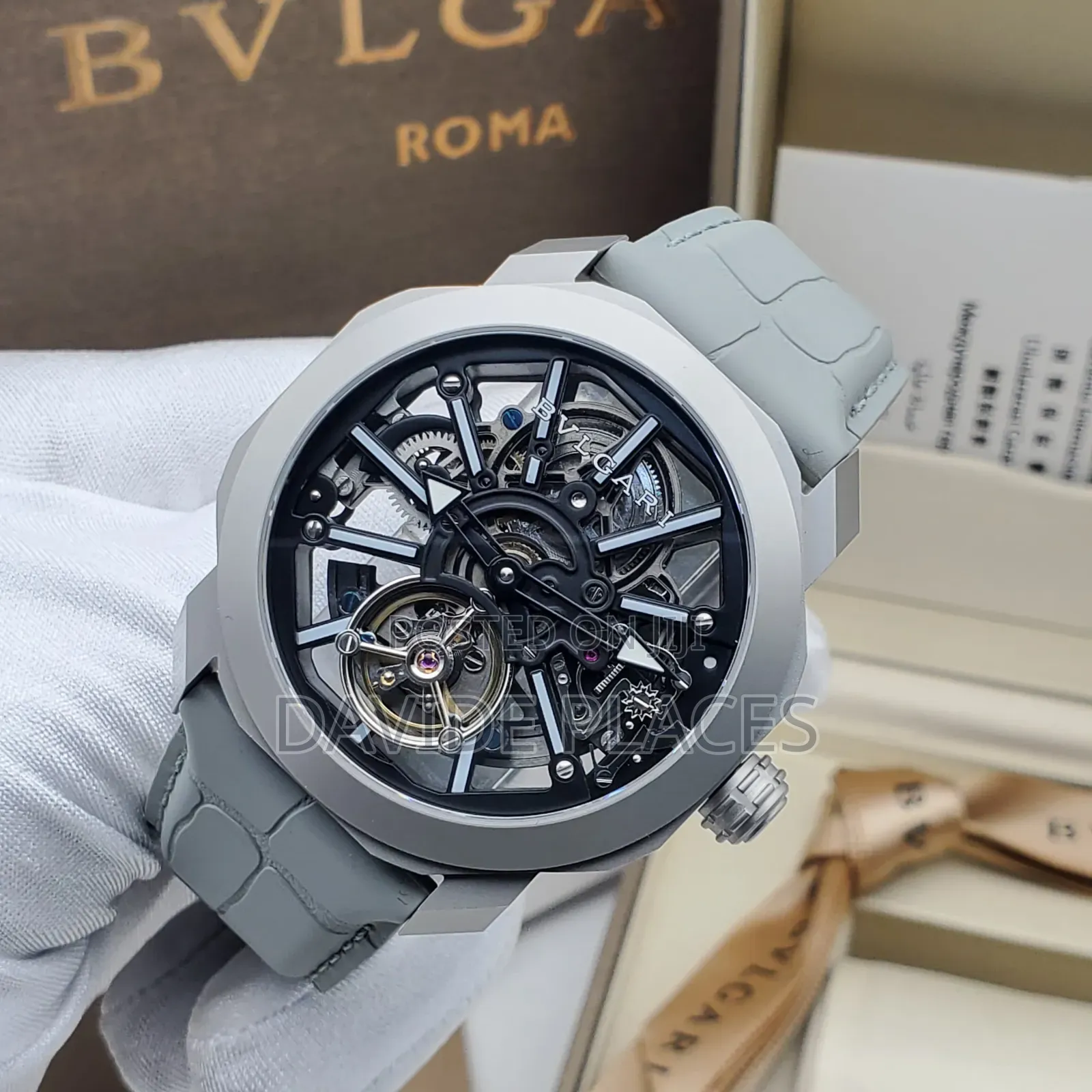 Luxury Bulgari Octo Finissimo Skeleton Tourbillon Leather Wristwatch