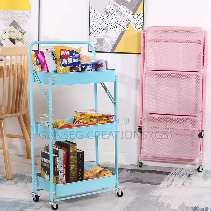 Foldable Multi-Functional 3-Layer Metal Storage Trolley With Wheels