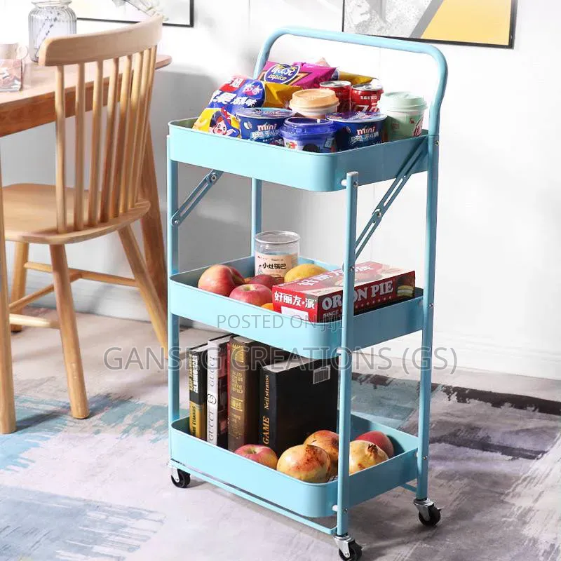 Foldable Multi-Functional 3-Layer Metal Storage Trolley With Wheels