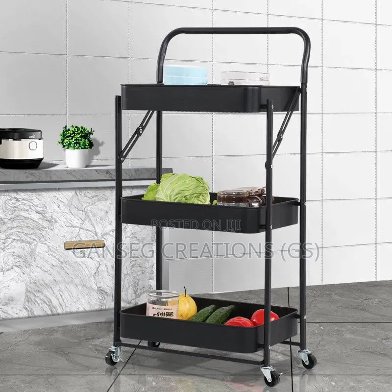 Foldable Multi-Functional 3-Layer Metal Storage Trolley With Wheels