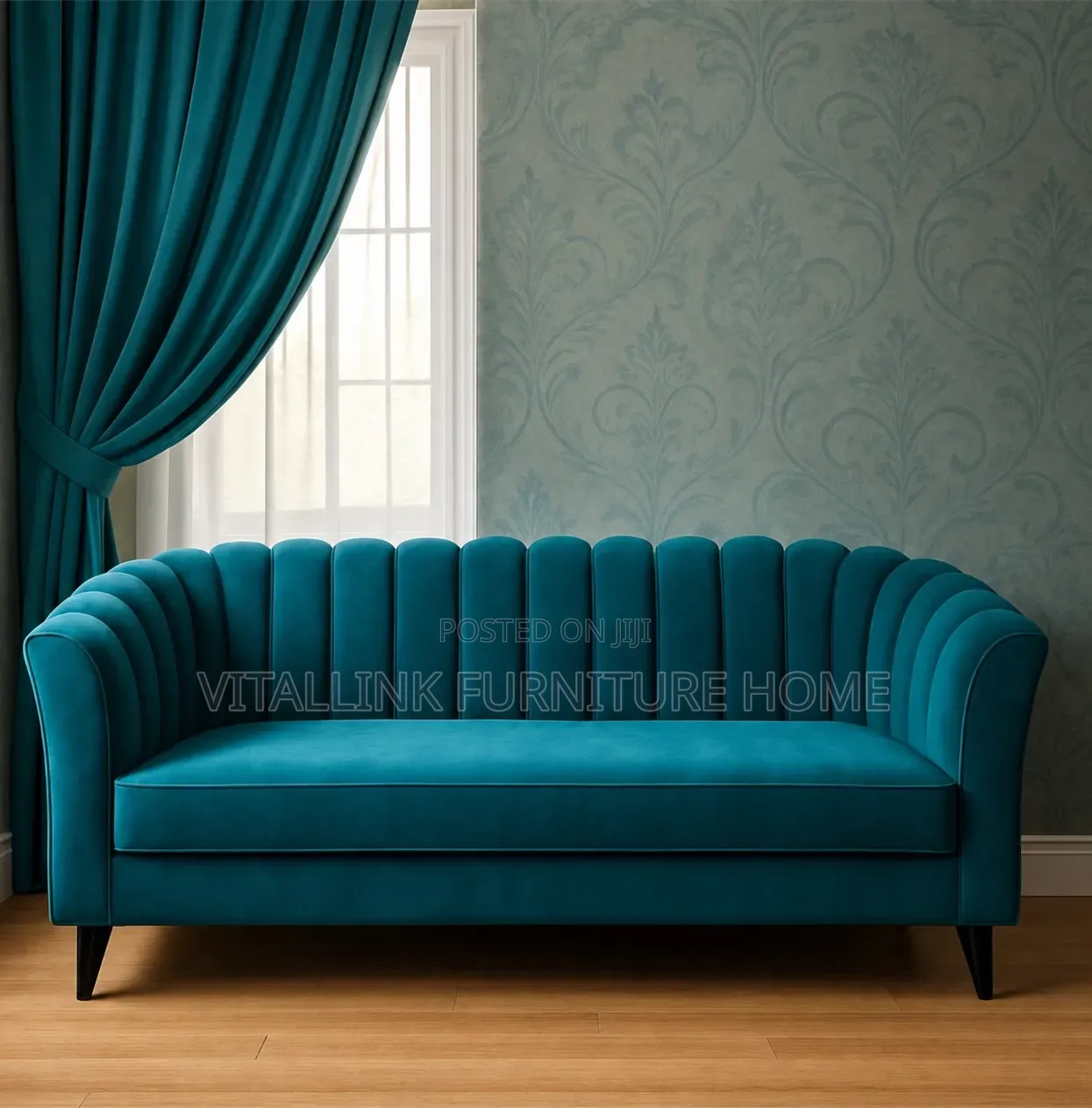 Luxury Teal Velvet Channel-Tufted Loveseat With Scalloped Back