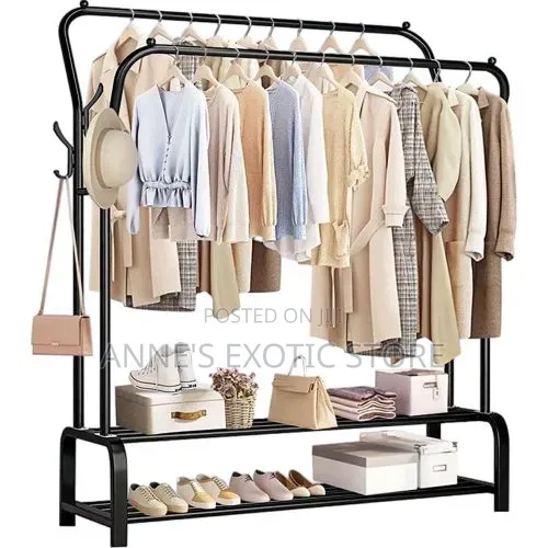 Double Pole Clothes Rack With Storage Shelves – Heavy-duty Organizer