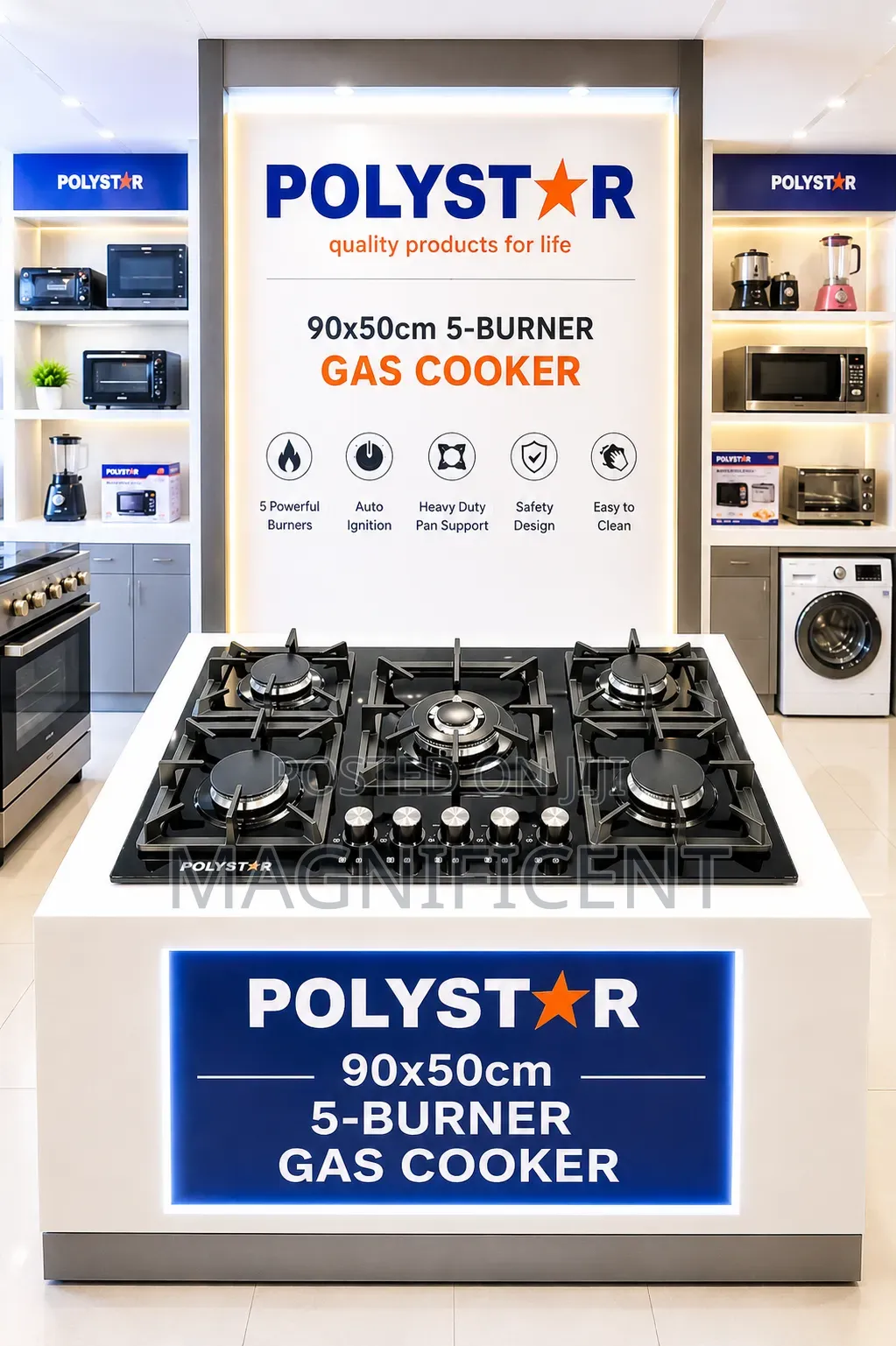 Premium Polystar 90x50cm 5-Burner Gas Cooker