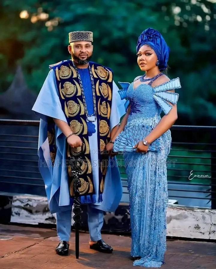 Light Blue Bridal Gown Deep Blue Embroidered Agbada