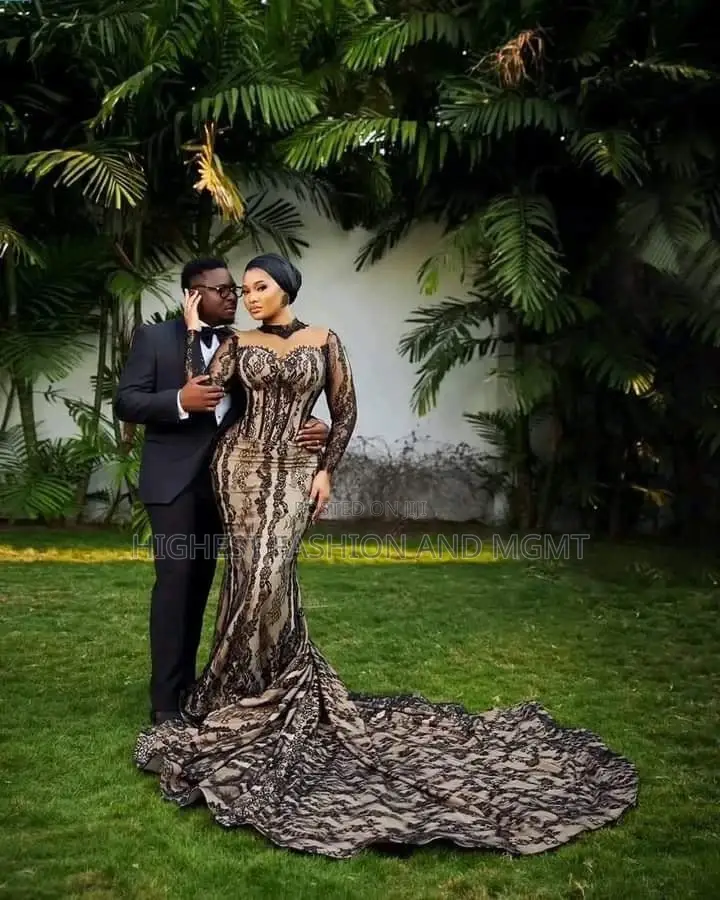 Nude Black Lace Mermaid Bridal Gown and Men's Black Tuxedo