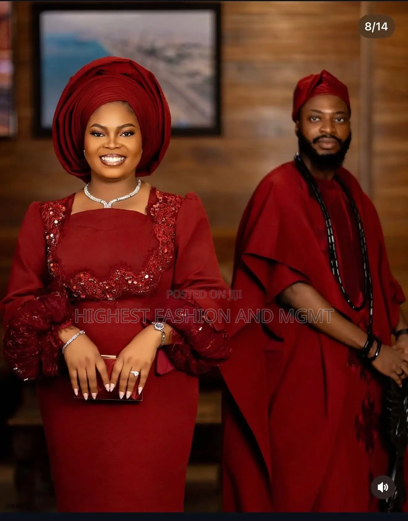 Maroon Embroidered Bridal Gown Matching Men’S Agbada