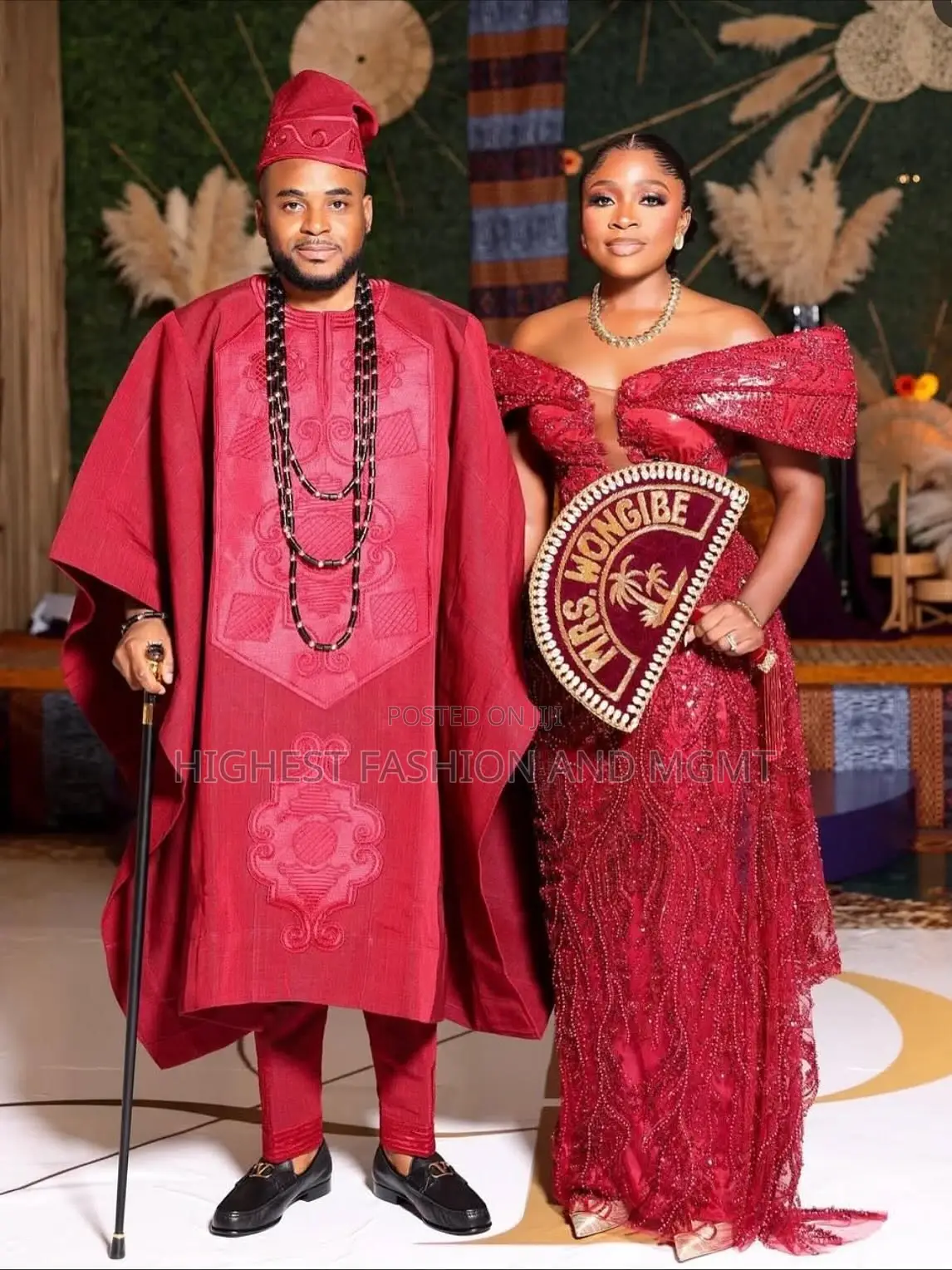 Crimson Embroidered Bridal Gown Matching Groom’S Agbada