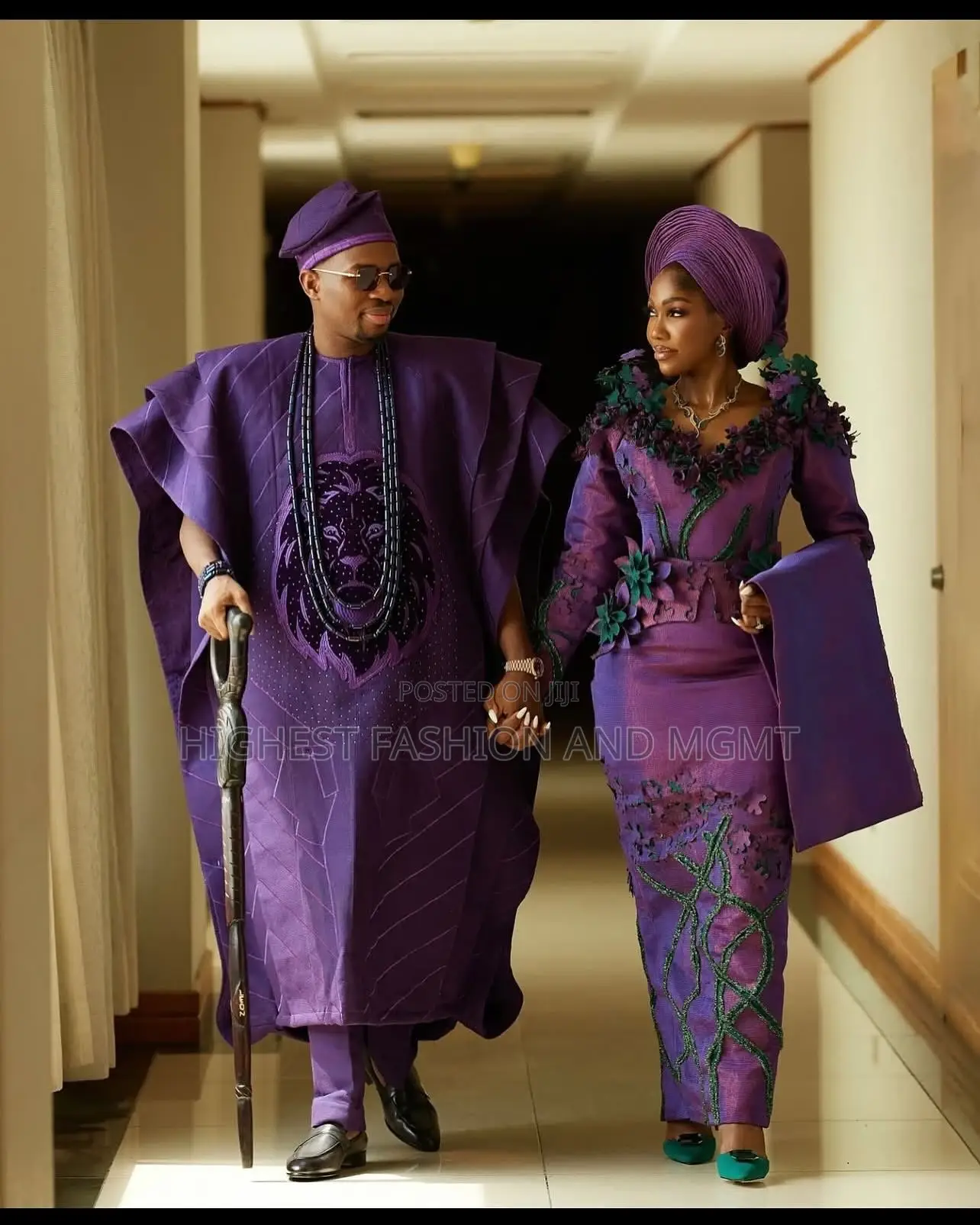 Purple Floral-Appliqué Gown Men’S Lion-Embroidered Agbada