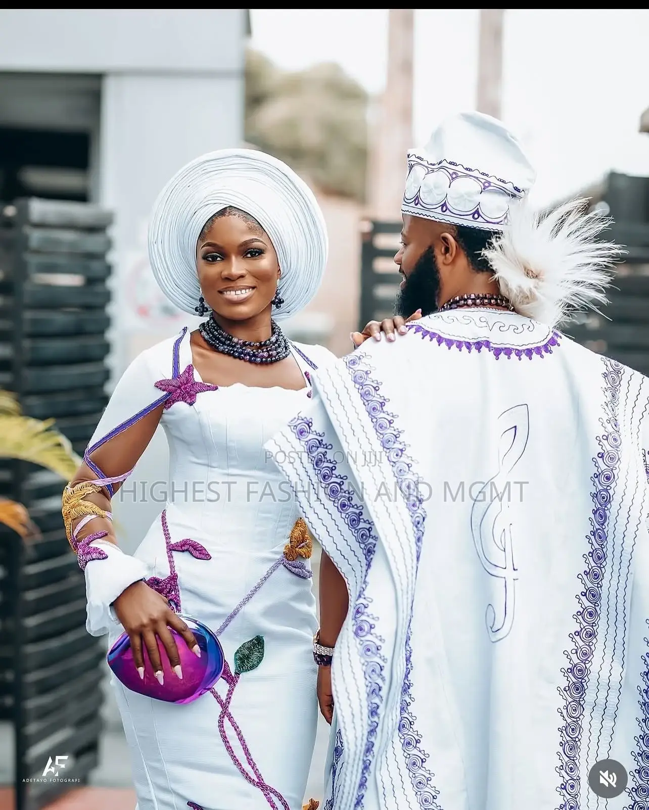 White Corset Gown With Purple Floral Appliqués Men’S White Agbada