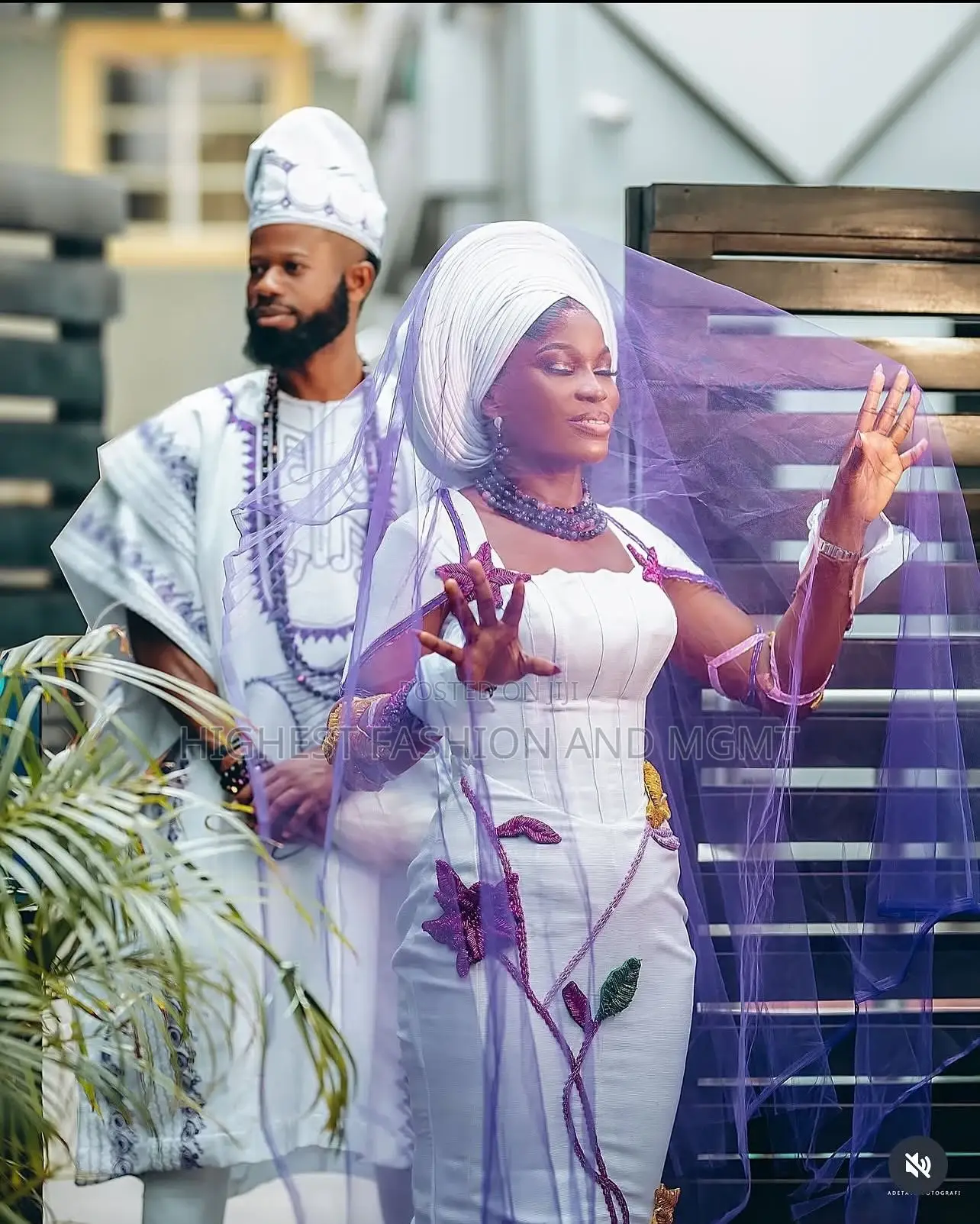 White Corset Gown With Purple Floral Appliqués Men’S White Agbada