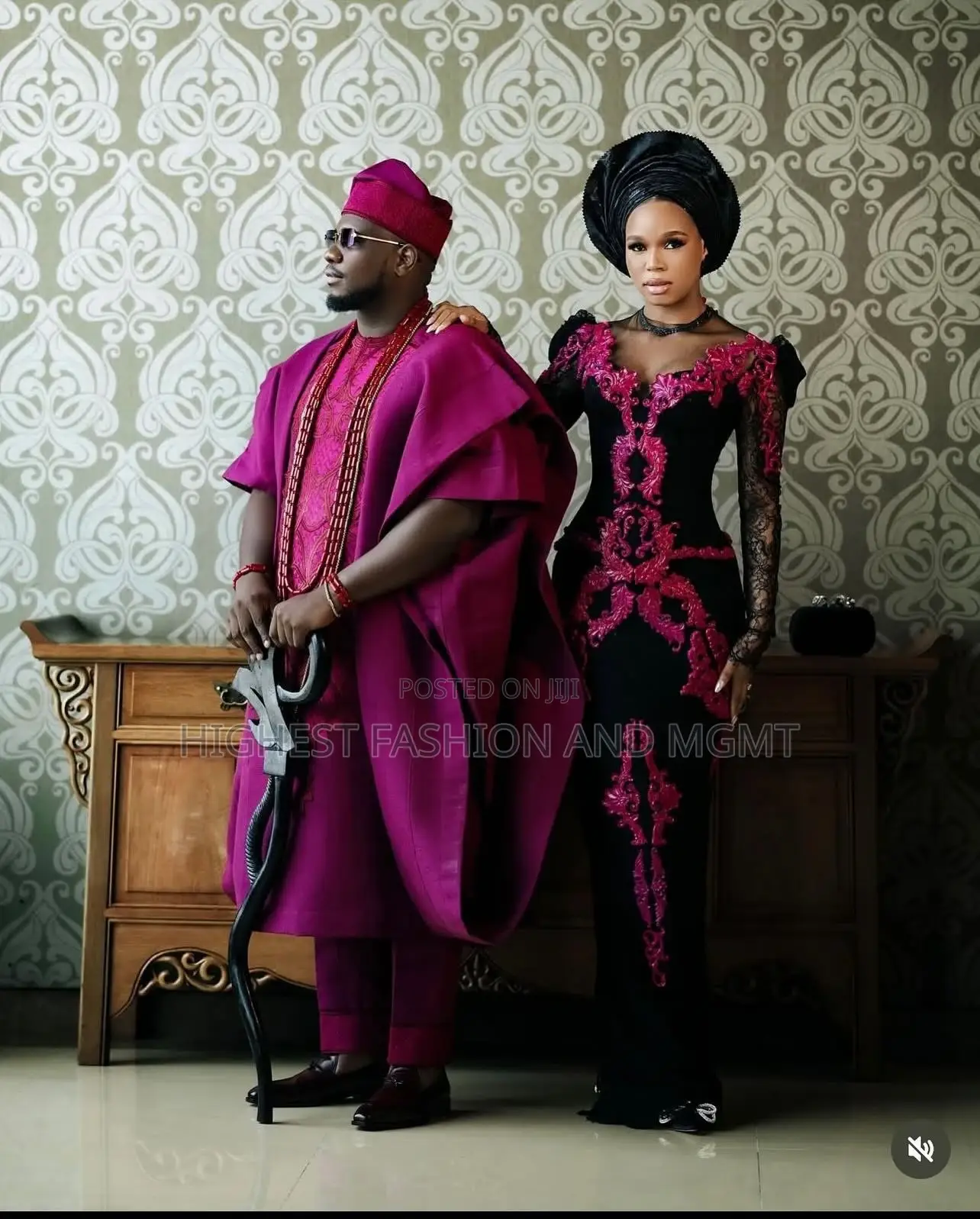 Black Magenta Floral-Lace Gown Men’S Magenta Agbada