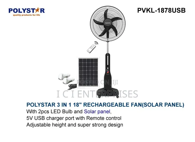 Polystar 18 Inches Rechargeable Fan+ Solar Panel+2bulbs+Remote