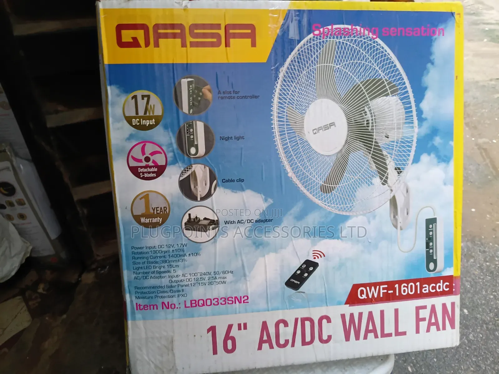 16" Qasa Ac/Dc Solar Electric Wall Fan