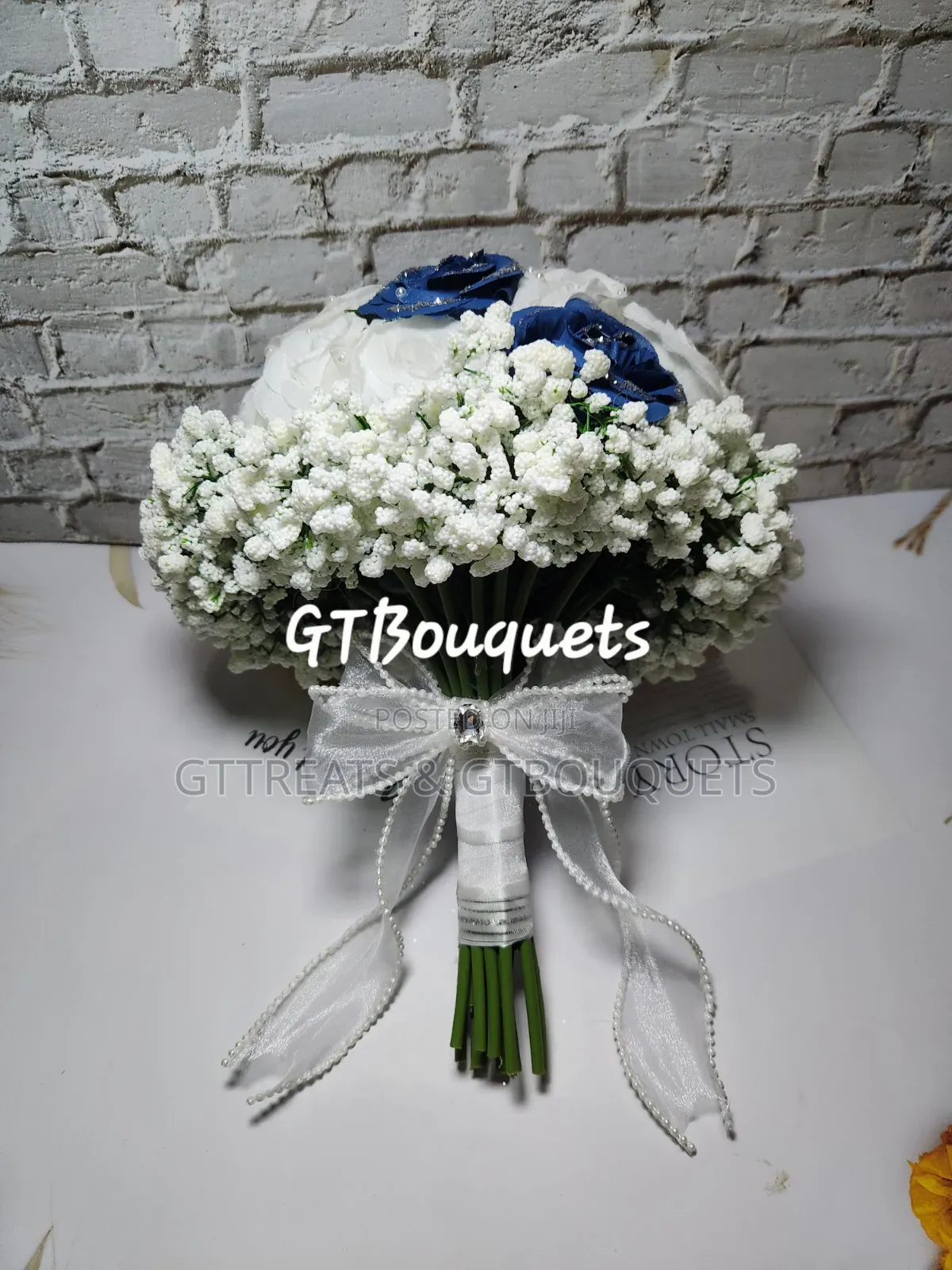 White Navy Blue Rose Bridal Bouquet
