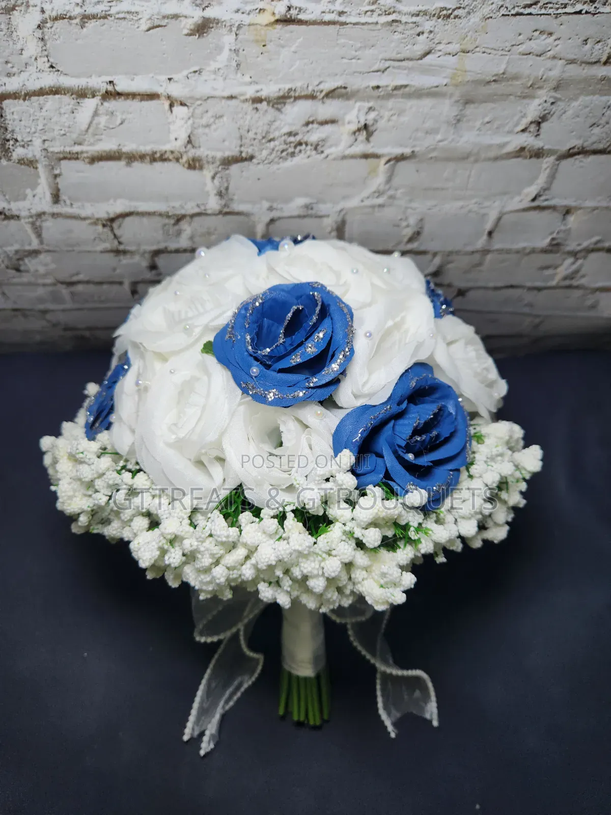 White Navy Blue Rose Bridal Bouquet