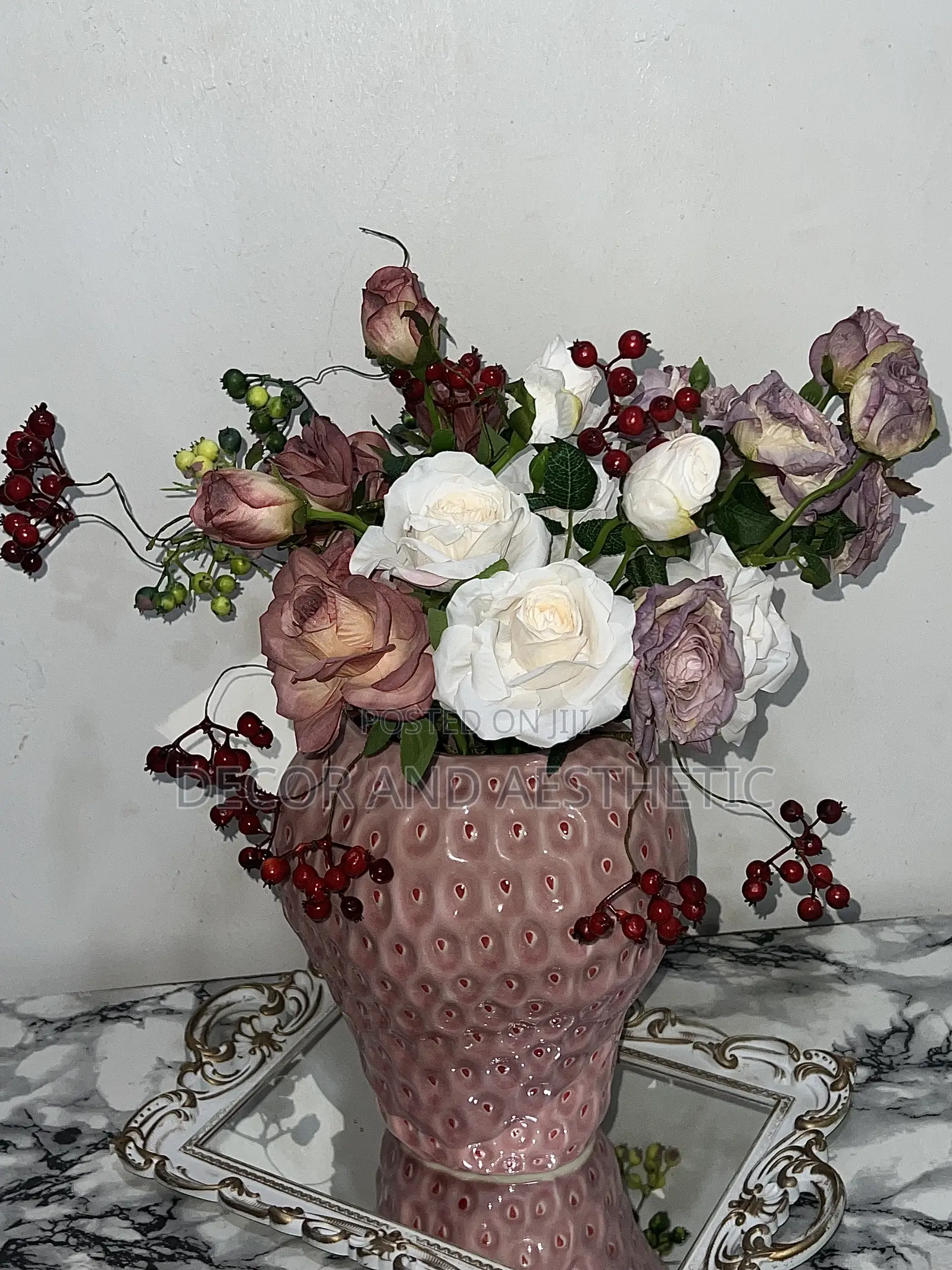 Large Strawberry Vase With Flowers