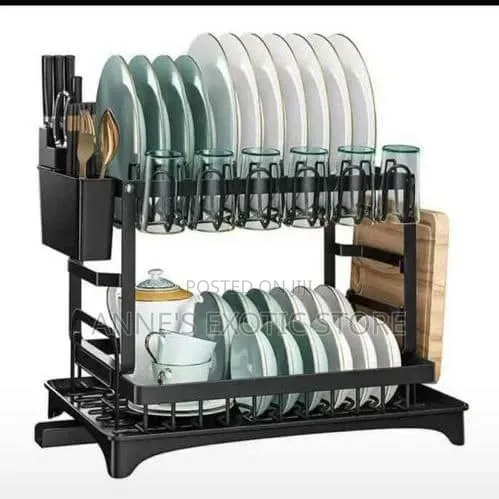 2-tier Metal Dish Drying Rack With Drain Tray Cutlery Holder