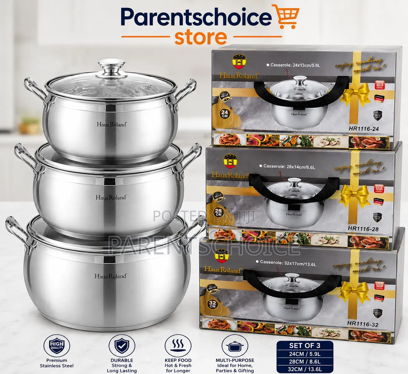 Hausroland Stainless Steel Casserole Set(24,28,32cm) or (26,30,34cm)