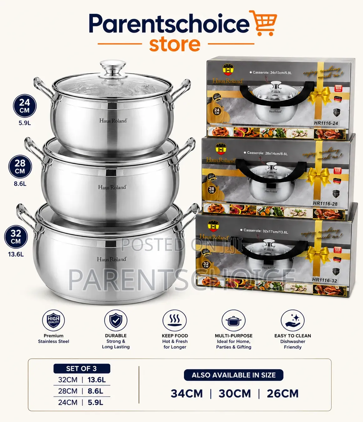 Hausroland Stainless Steel Casserole Set(24,28,32cm) or (26,30,34cm)