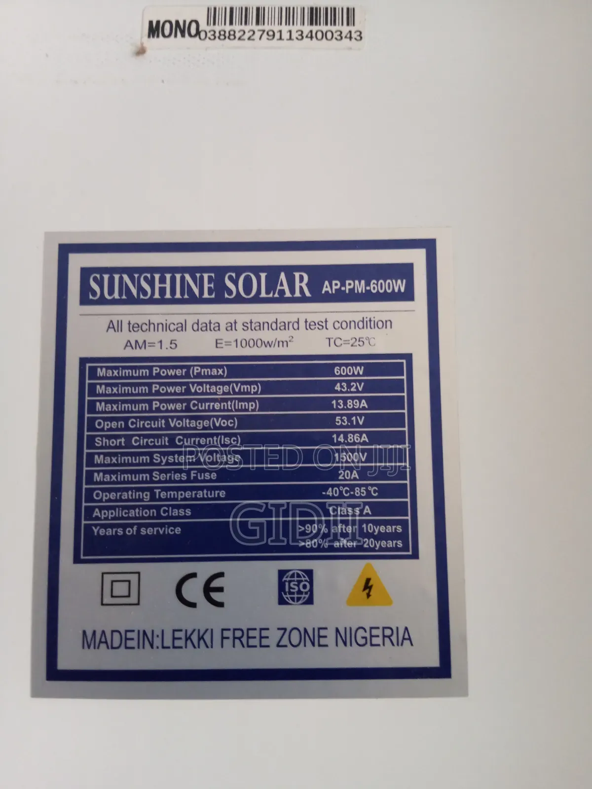 Sunshine Solar 600w Monocrystalline Panel 43.2v