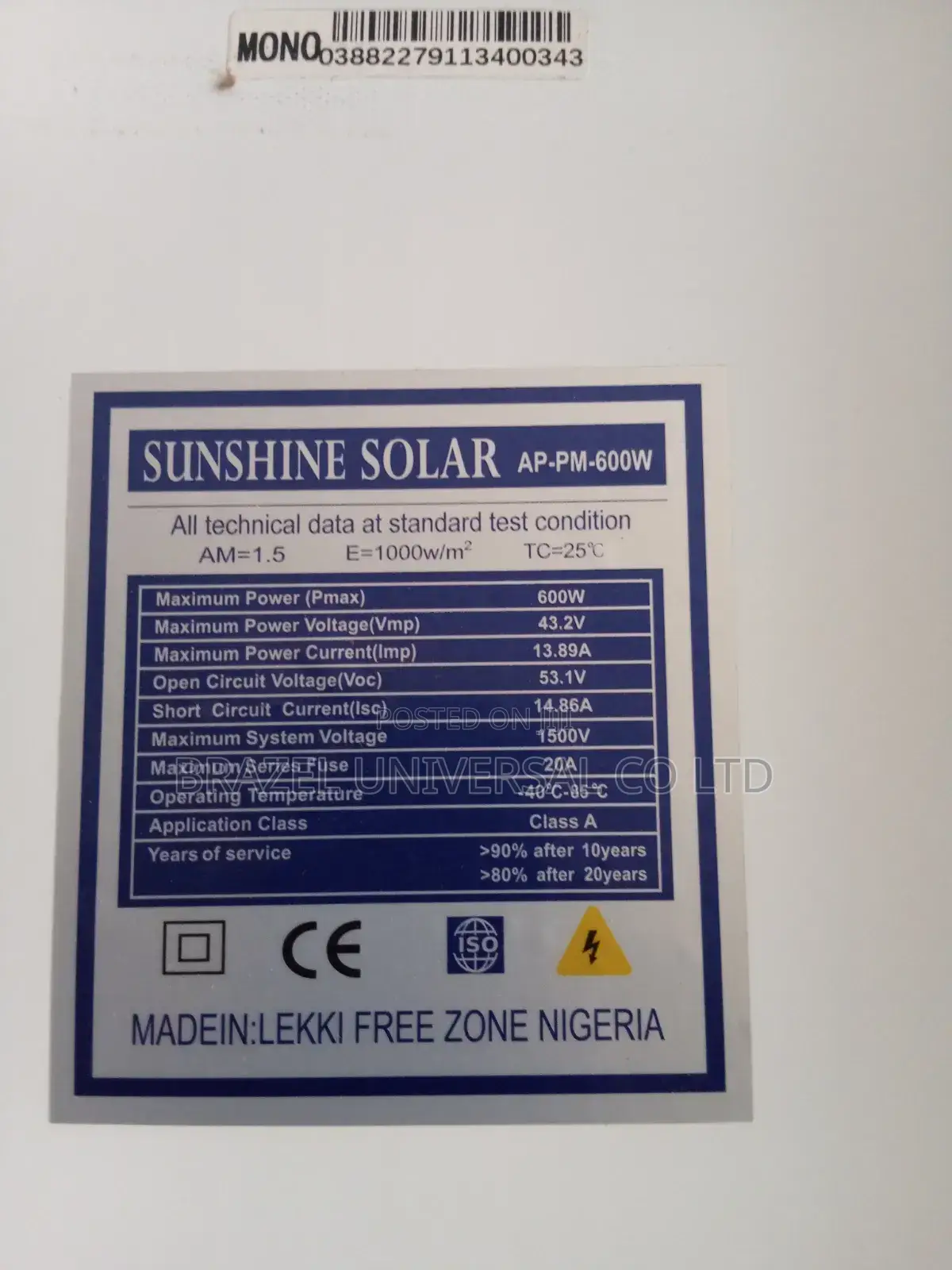 Sunshine Solar 600w Monocrystalline Panel 43.2v