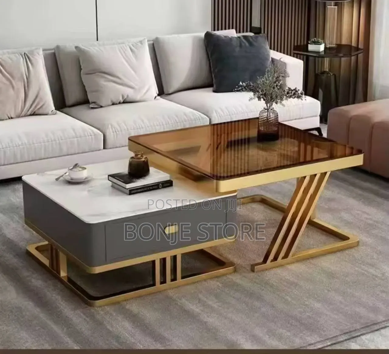 Real Marble and Glass Twin Center Table With Drawer