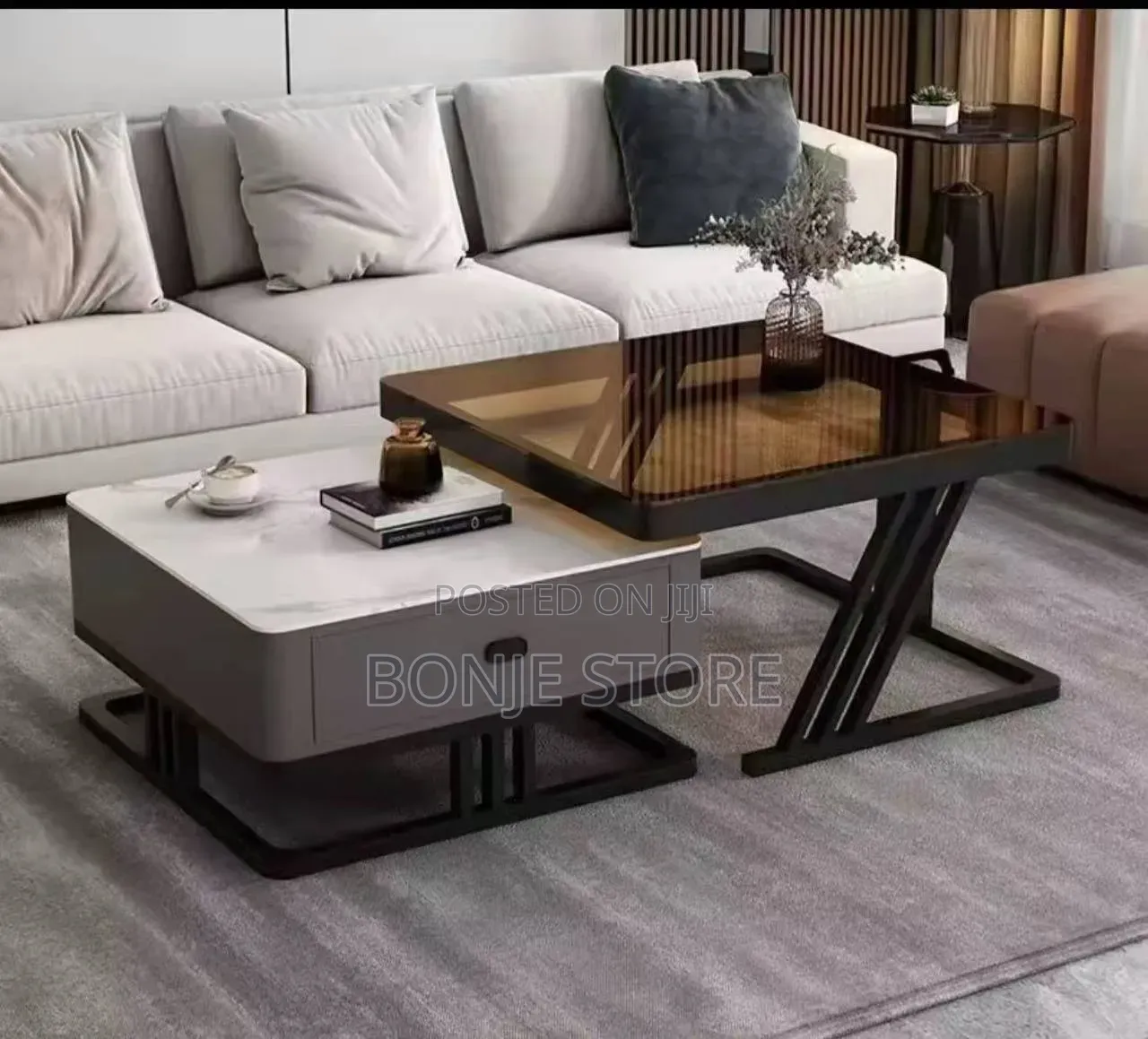 Real Marble and Glass Twin Center Table With Drawer