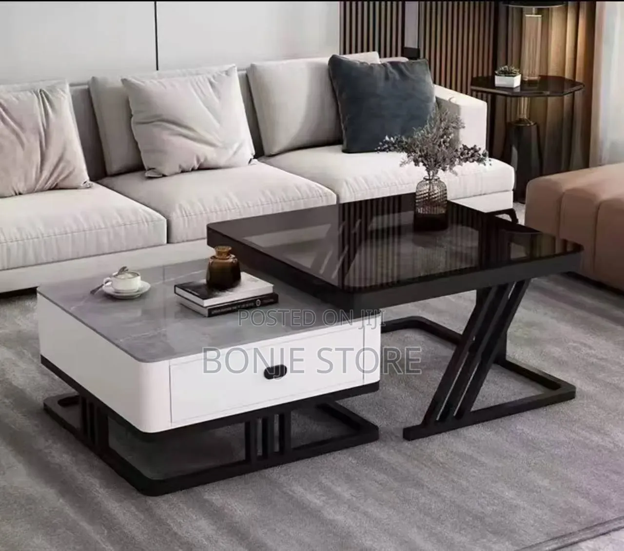 Real Marble and Glass Twin Center Table With Drawer