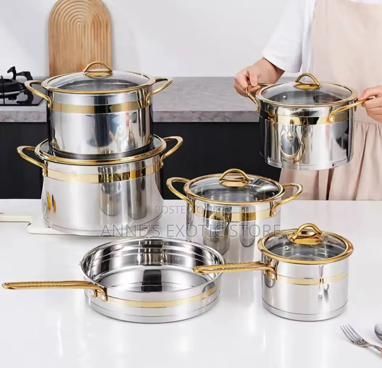 11-Piece Stainless Steel Cookware Set With Gold Accents