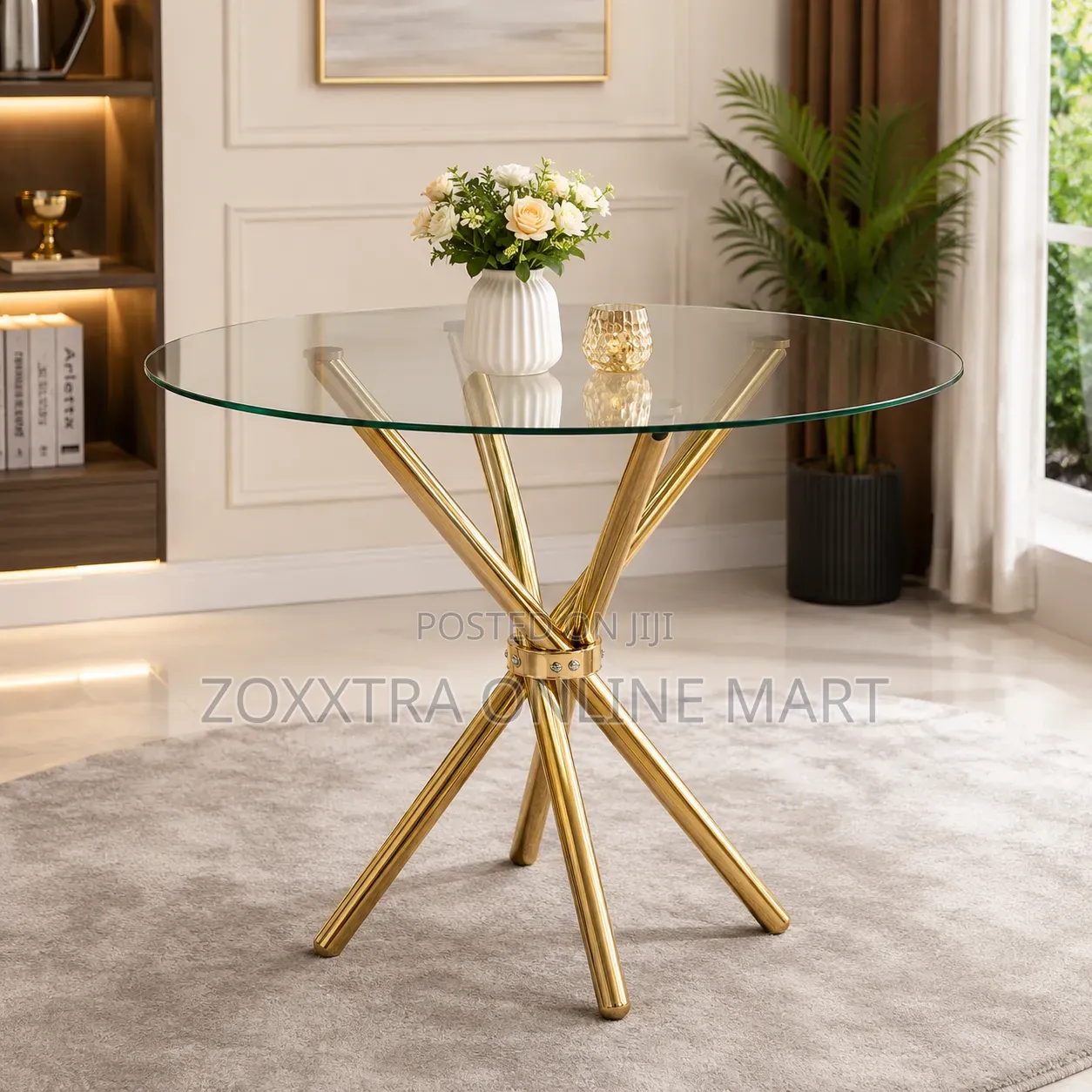 Modern Round Glass Dining Table With Gold Metal Base