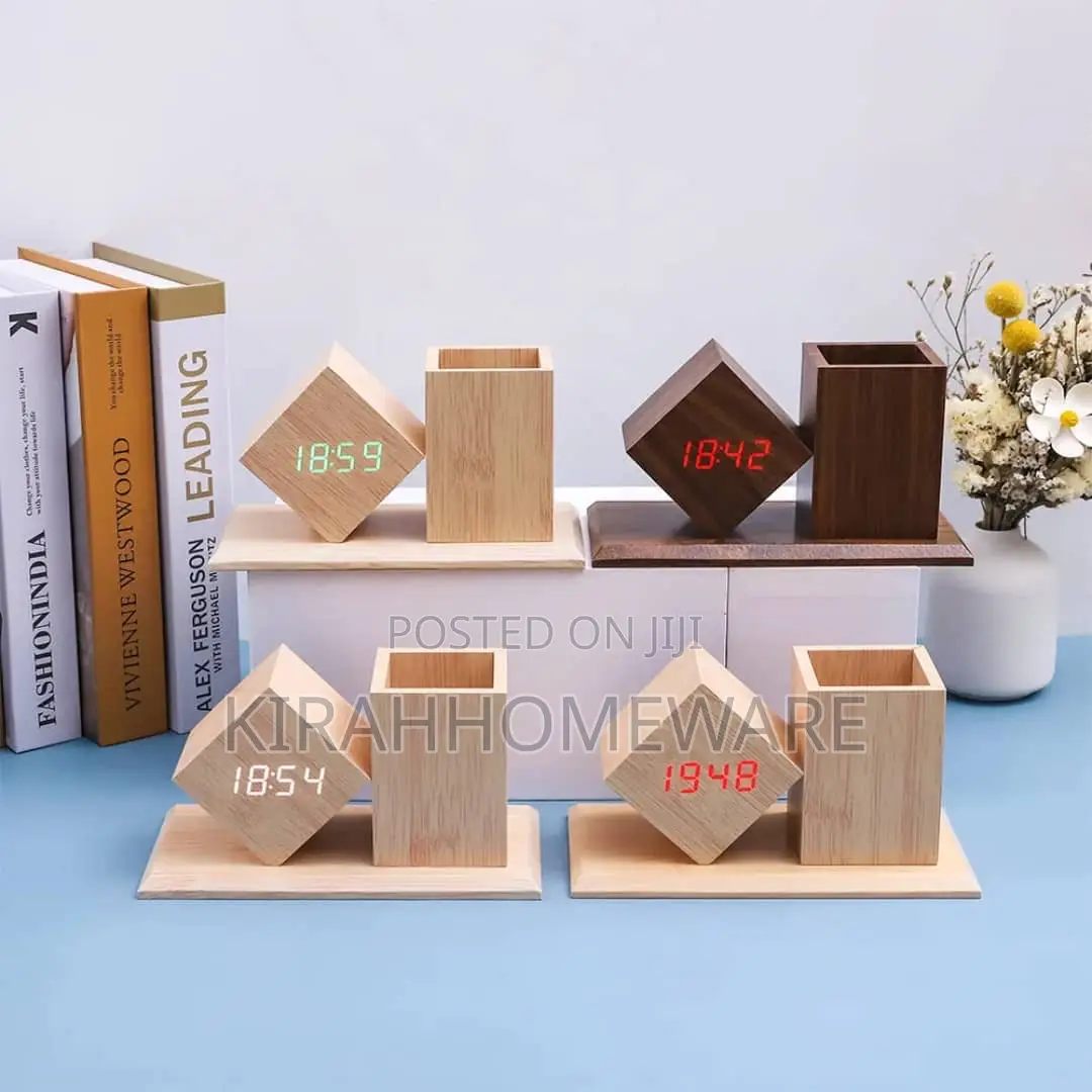 Wooden Led Digital Alarm Clock With Pen Holder