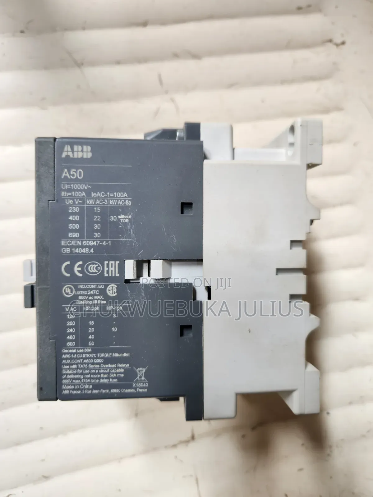 Abb A50-30 3 Pole Contactor 100a With Cal5-11 Auxiliary Contact Block