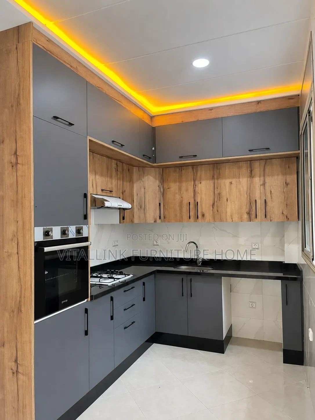 Modern L-Shaped Kitchen Cabinet Set - Grey Wood