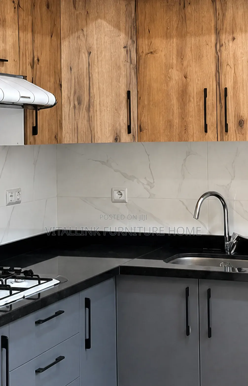 Modern L-Shaped Kitchen Cabinet Set - Grey Wood