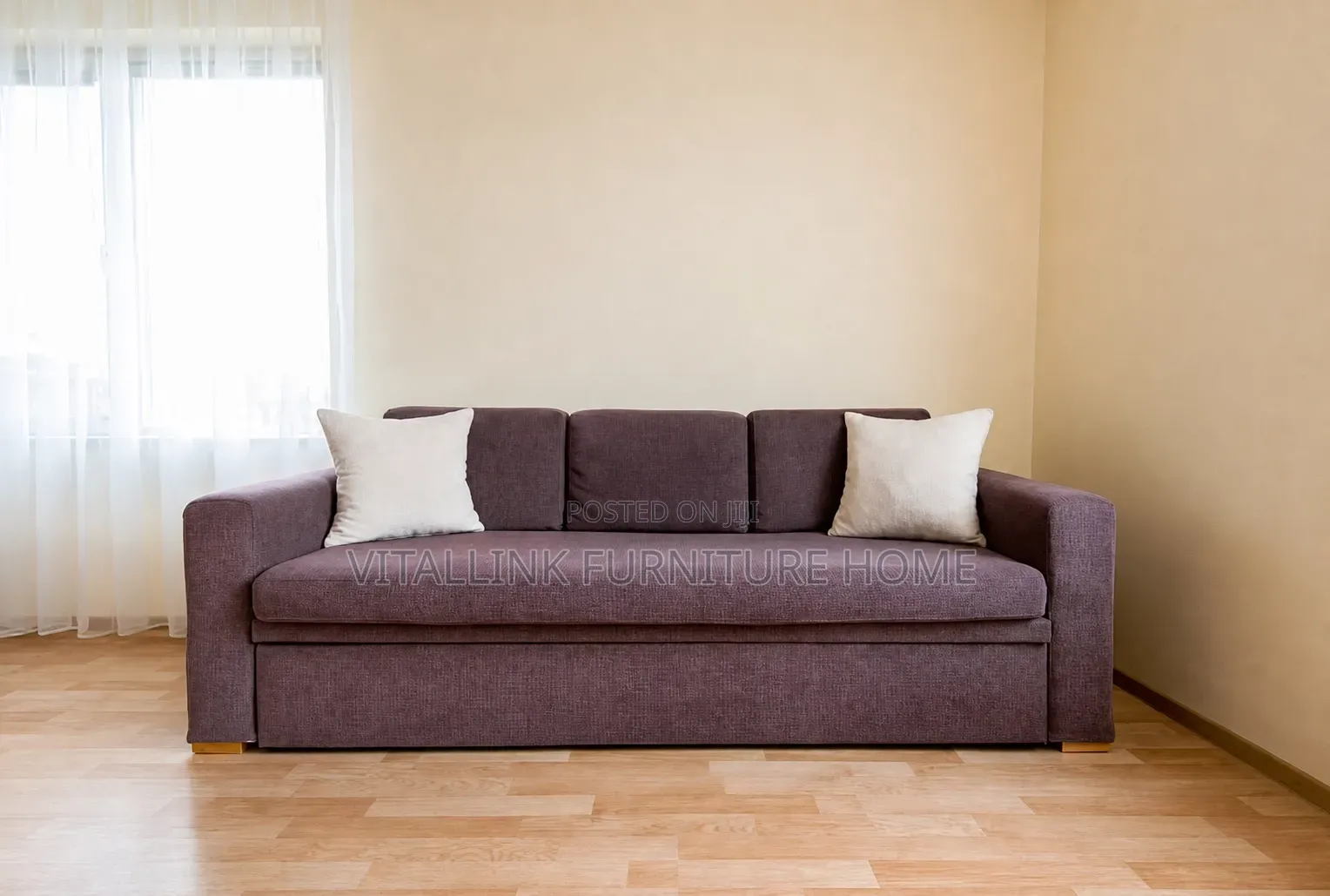 Modern Plum 3-Seater Fabric Sofa With 2 Throw Pillows