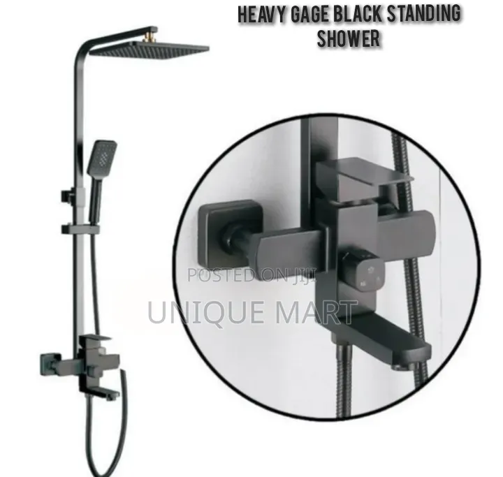 Heavy Gage Black Matte Standing Shower With Multiple Water Display