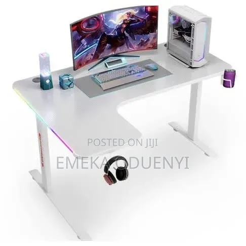 Non Adjustable Gaming Desk With Led Light L Shaped White 1.4mtr