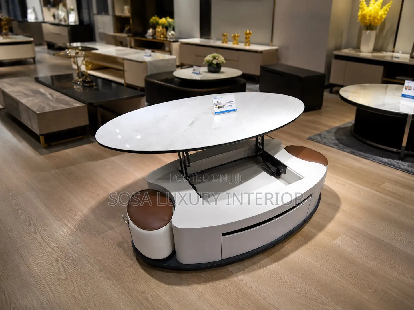 Modern Lift Up Center Table With Storage Stools White Marble Effect