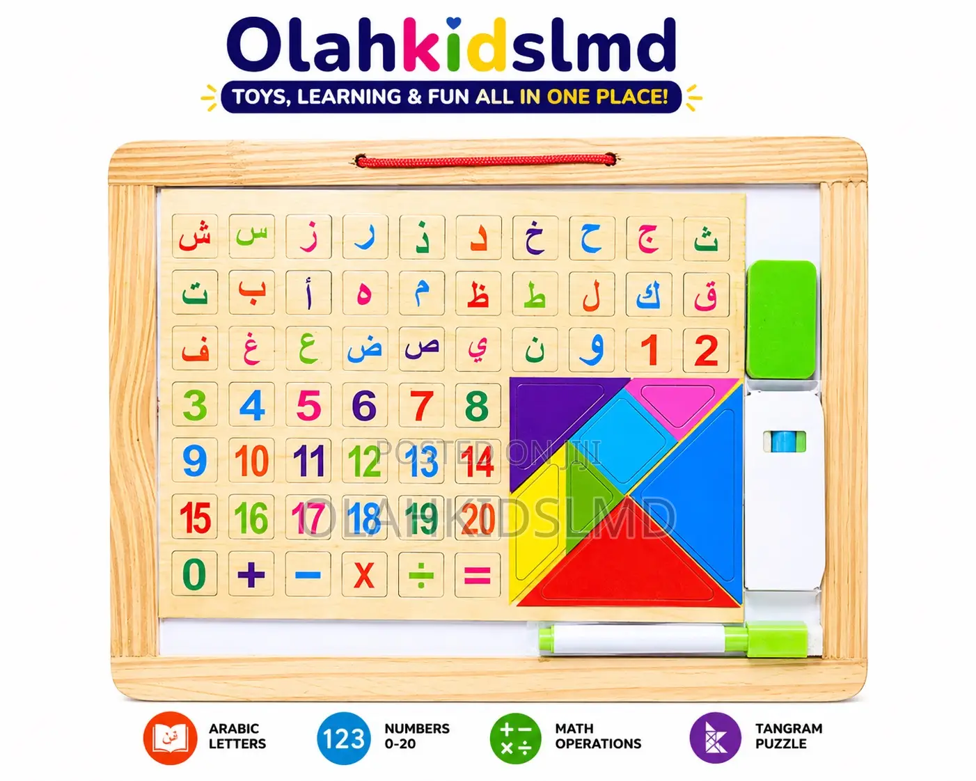 Wooden 2-in-1 Learning Board – Arabic Letters, Numbers, Tangram, Chal